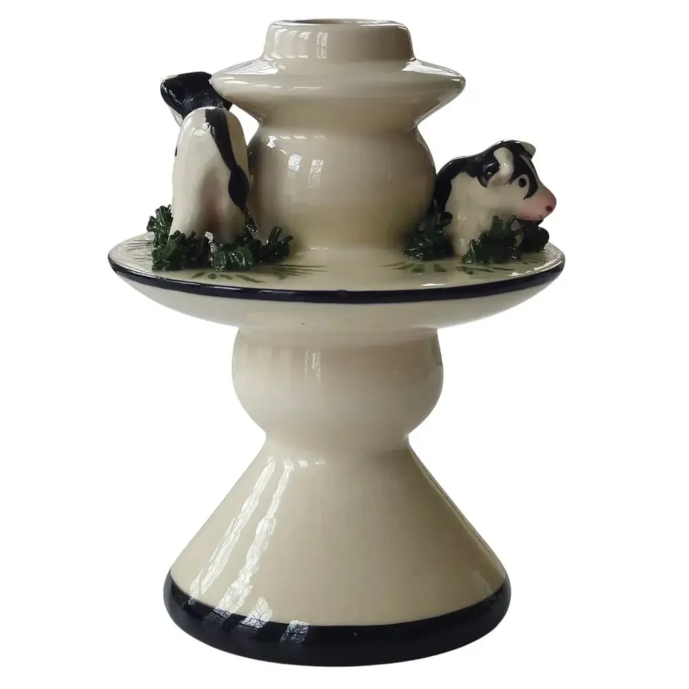 Rare Vintage 1990s L.A. Ceramics Hand-Painted Cow Cottagecore Candle Holder